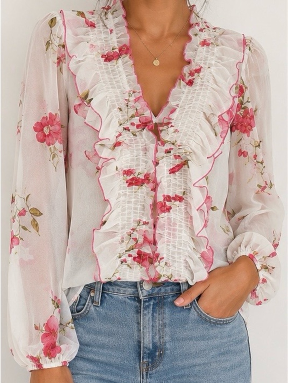 NWT Zara Floral Ruffle Sheer Blouse Pink White Size Small